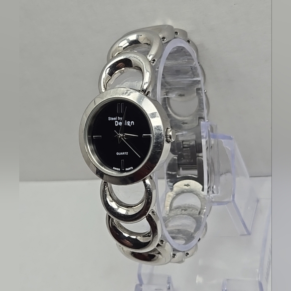 Womens Steel By Design QVC Swiss Watch Silver Tone Black Dial New Battery main image 9